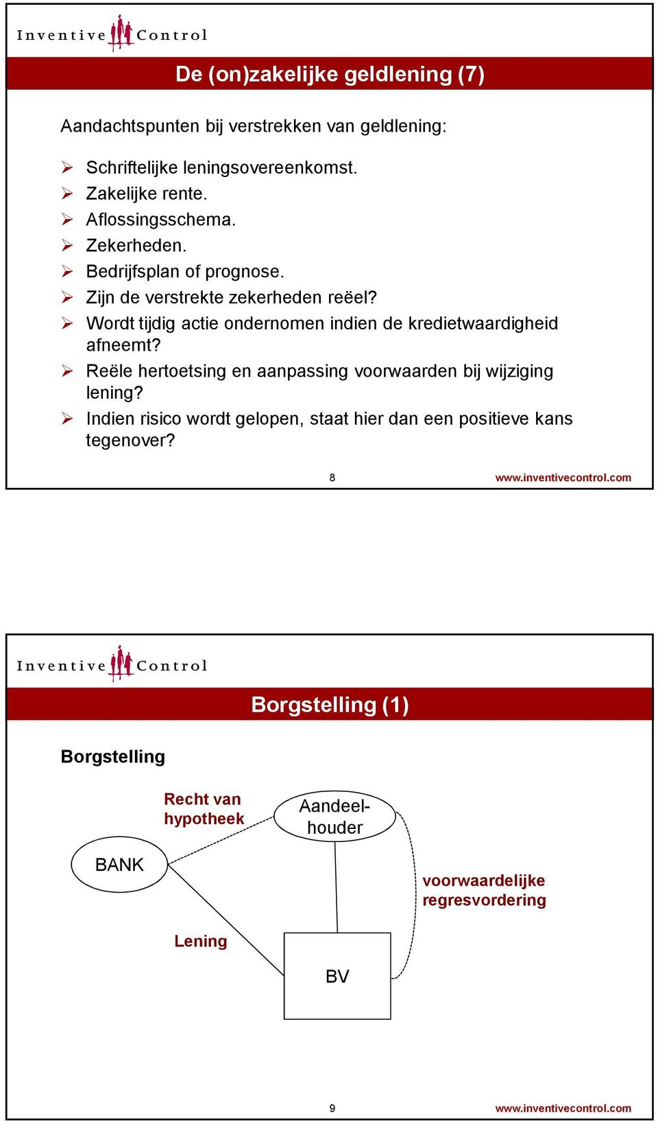 Reële hertoetsing en aanpassing voorwaarden bij wijziging lening? Indien risico wordt gelopen, staat hier dan een positieve kans tegenover? 8 www.