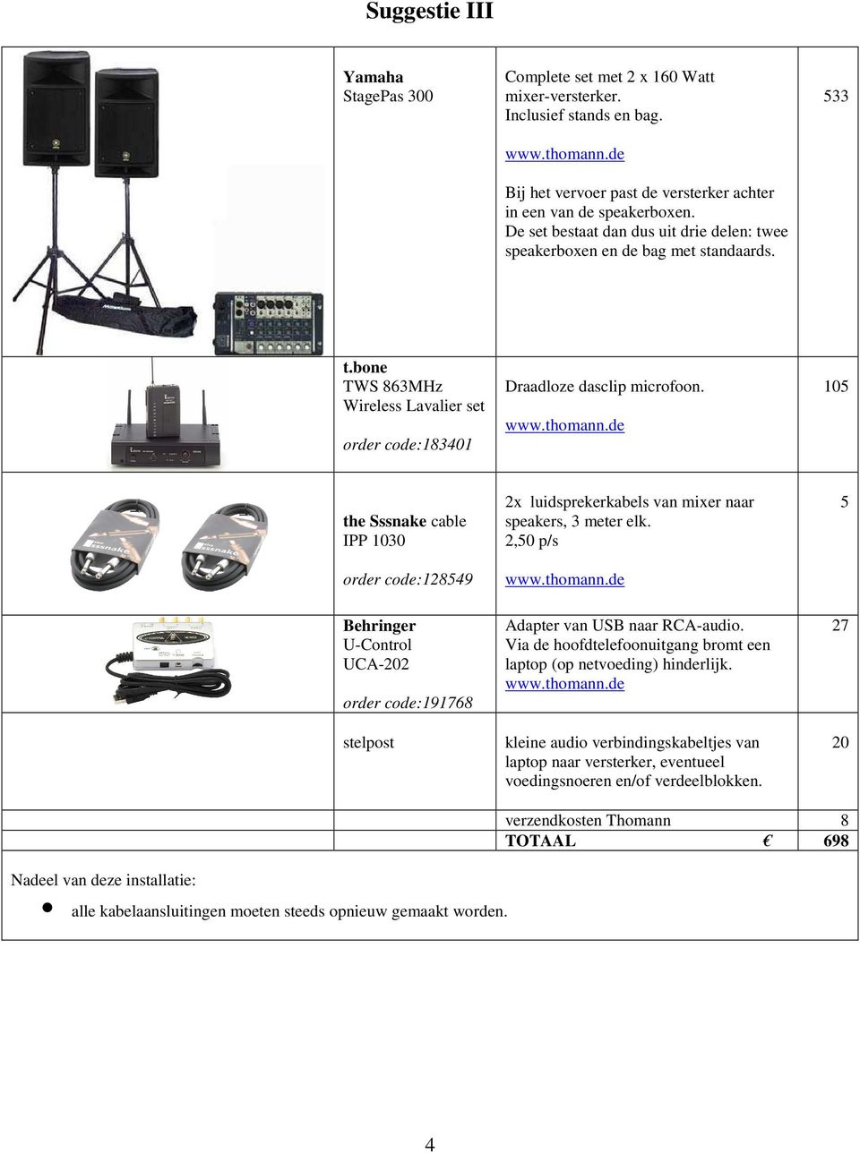 the Sssnake cable IPP 1030 order code:128549 U-Control UCA-202 order code:191768 2x luidsprekerkabels van mixer naar speakers, 3 meter elk. 2,50 p/s Adapter van USB naar RCA-audio.