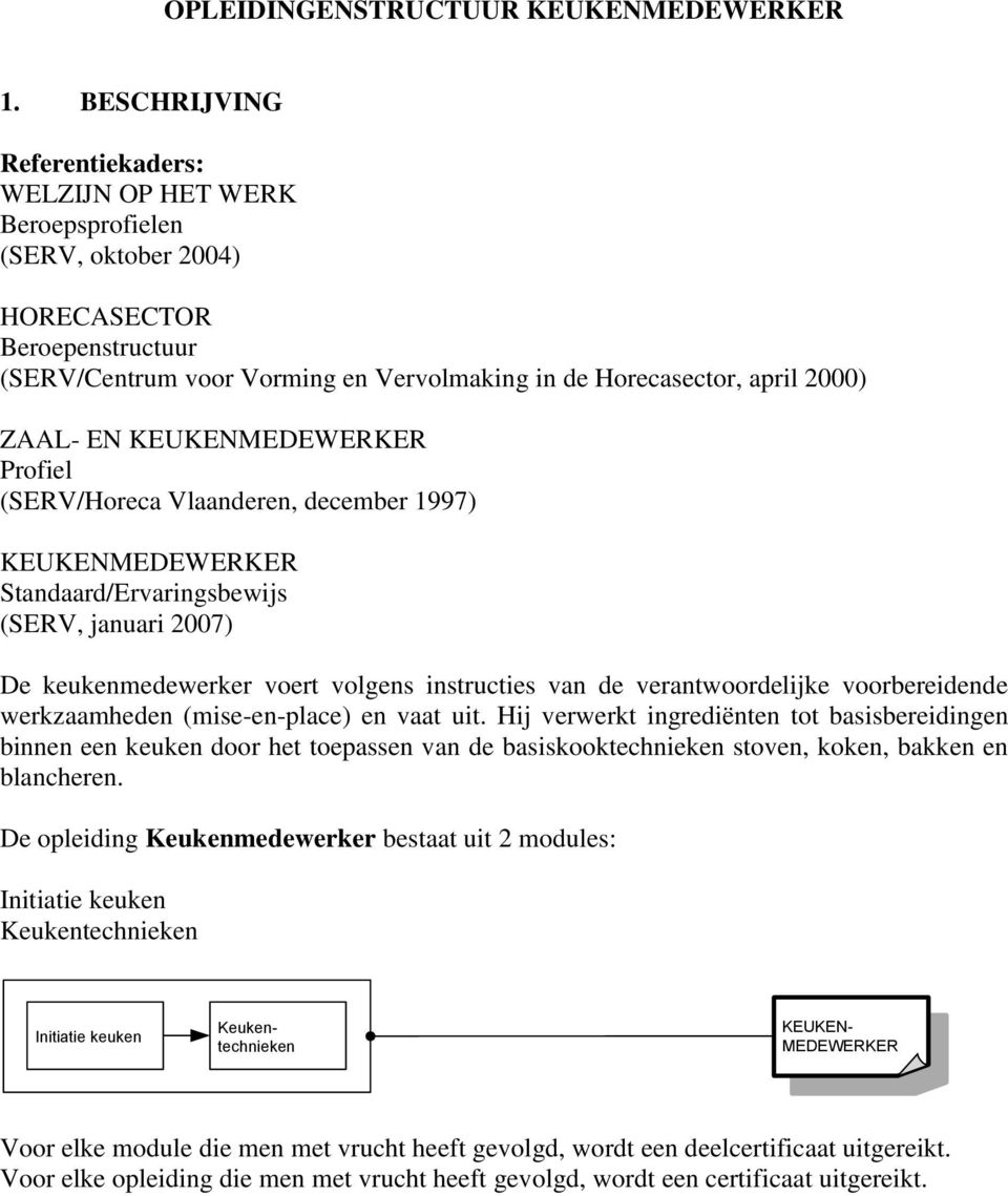 ZAAL- EN KEUKENMEDEWERKER Profiel (SERV/Horeca Vlaanderen, december 1997) KEUKENMEDEWERKER Standaard/Ervaringsbewijs (SERV, januari 2007) De keukenmedewerker voert volgens instructies van de