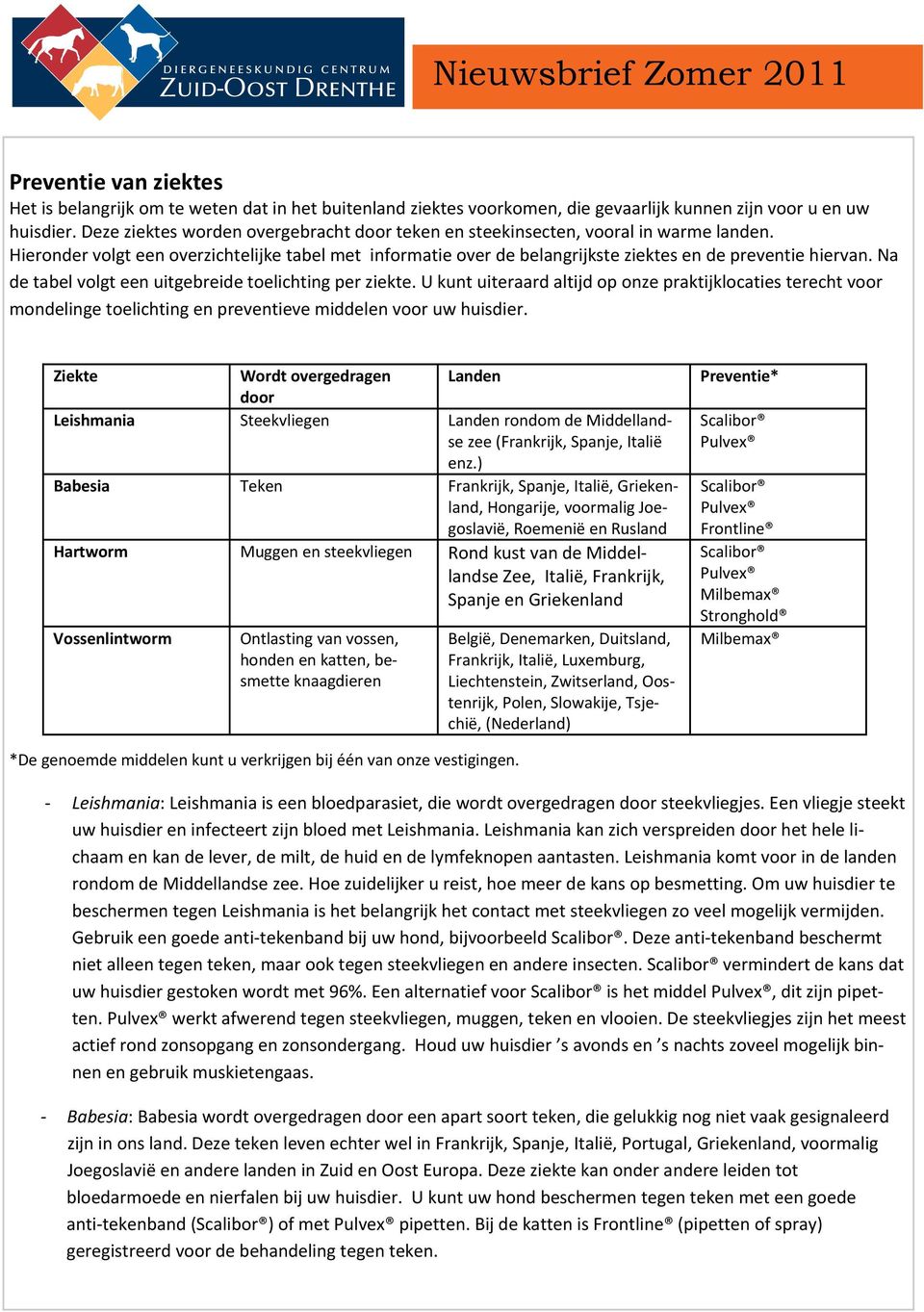 Na de tabel volgt een uitgebreide toelichting per ziekte. U kunt uiteraard altijd op onze praktijklocaties terecht voor mondelinge toelichting en preventieve middelen voor uw huisdier.