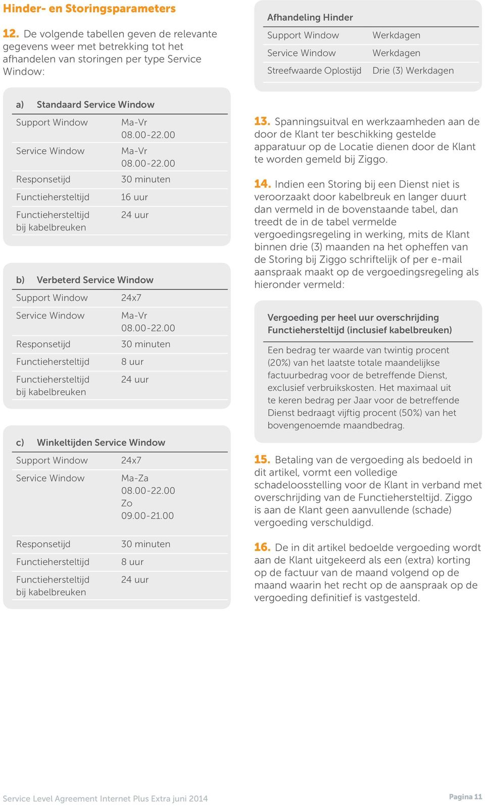 Werkdagen Werkdagen Drie (3) Werkdagen a) Standaard Service Window Support Window Service Window Responsetijd Functiehersteltijd Functiehersteltijd bij kabelbreuken Ma-Vr 08.00-22.