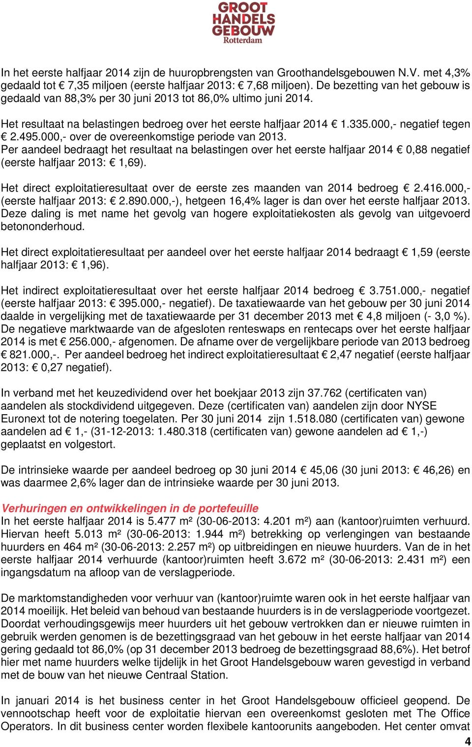 000,- over de overeenkomstige periode van 2013. Per aandeel bedraagt het resultaat na belastingen over het eerste halfjaar 2014 0,88 negatief (eerste halfjaar 2013: 1,69).