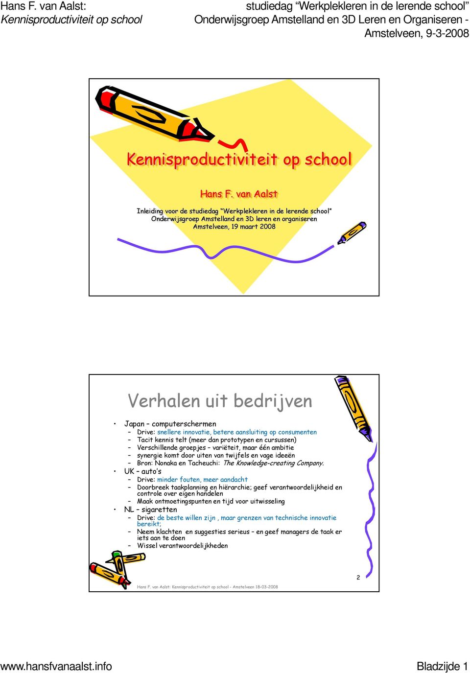 op consumenten Tacit kennis telt (meer dan prototypen en cursussen) Verschillende groepjes variëteit, maar één ambitie synergie komt door uiten van twijfels en vage ideeën Bron: Nonaka en Tacheuchi: