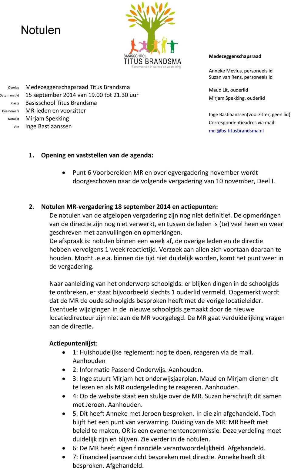 Bastiaanssen(voorzitter, geen lid) Correspondentieadres via mail: mr-@bs-titusbrandsma.nl 1.