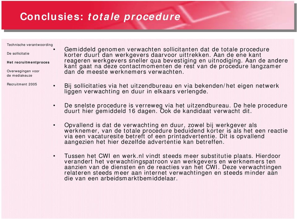 Bij sollicitaties via het uitzendbureau en via bekenden/het eigen netwerk liggen verwachting en duur in elkaars verlengde. De snelste procedure is verreweg via het uitzendbureau.