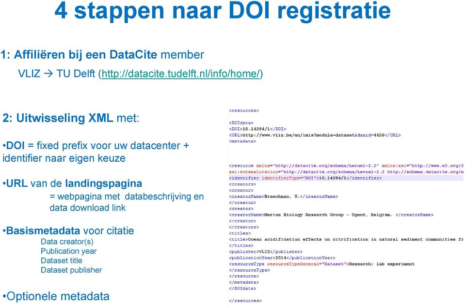nl/info/home/) 2: Uitwisseling XML met: DOI = fixed prefix voor uw datacenter + identifier naar eigen