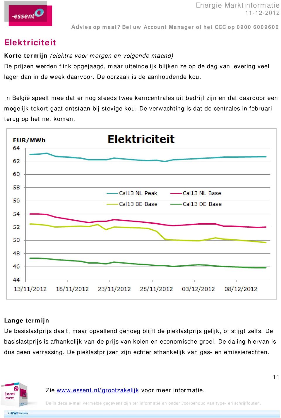 De verwachting is dat de centrales in februari terug op het net komen. Lange termijn De basislastprijs daalt, maar opvallend genoeg blijft de pieklastprijs gelijk, of stijgt zelfs.