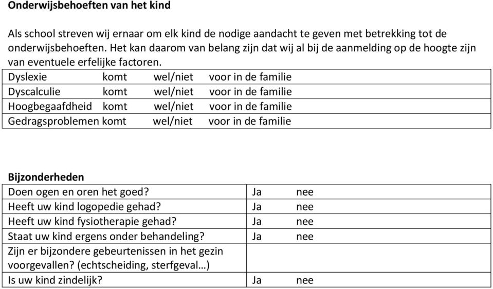 Dyslexie komt wel/niet voor in de familie Dyscalculie komt wel/niet voor in de familie Hoogbegaafdheid komt wel/niet voor in de familie Gedragsproblemen komt wel/niet voor in de