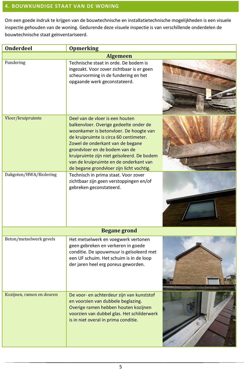 Voor zover zichtbaar is er geen scheurvorming in de fundering en het opgaande werk geconstateerd. Vloer/kruipruimte Dakgoten/HWA/Riolering Deel van de vloer is een houten balkenvloer.