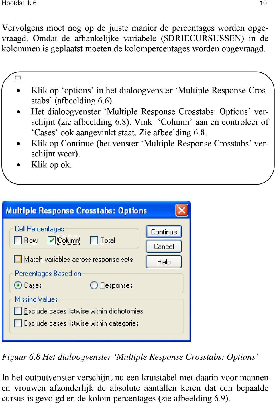 Klik op options in het dialoogvenster Multiple Response Crosstabs (afbeelding 6.6). Het dialoogvenster Multiple Response Crosstabs: Options verschijnt (zie afbeelding 6.8).