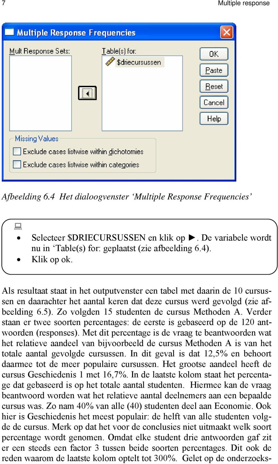 Zo volgden 15 studenten de cursus Methoden A. Verder staan er twee soorten percentages: de eerste is gebaseerd op de 120 antwoorden (responses).