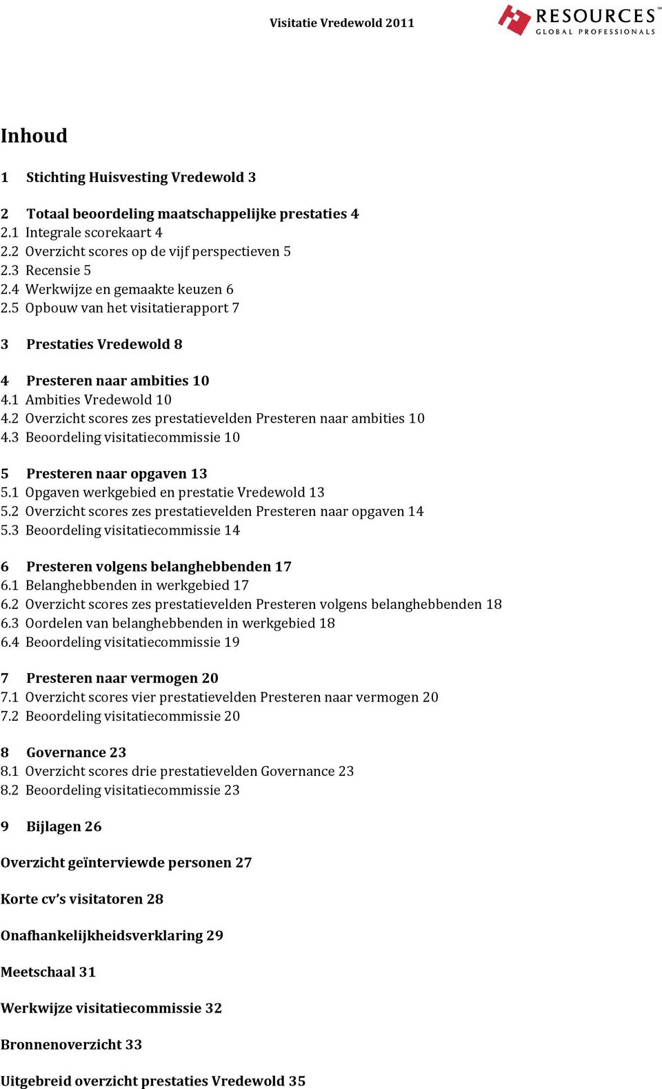 2 Overzicht scores zes prestatievelden Presteren naar ambities 10 4.3 Beoordeling visitatiecommissie 10 5 Presteren naar opgaven 13 5.1 Opgaven werkgebied en prestatie Vredewold 13 5.