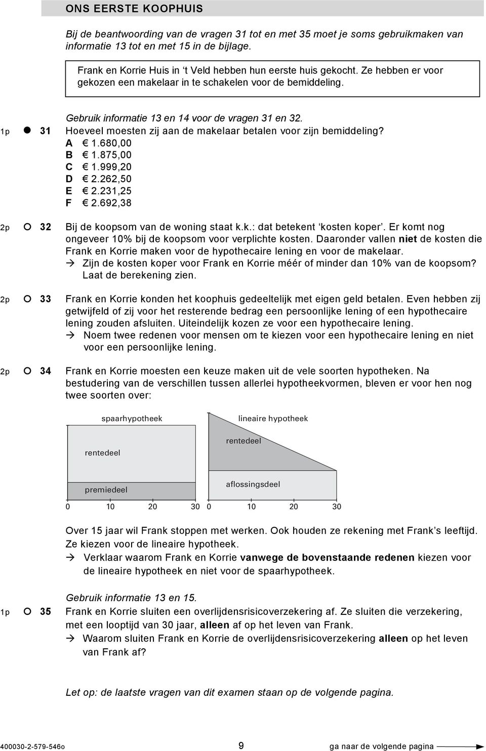 1p 31 Hoeveel moesten zij aan de makelaar betalen voor zijn bemiddeling? A 1.680,00 B 1.875,00 C 1.999,20 D 2.262,50 E 2.231,25 F 2.692,38 2p 32 Bij de koopsom van de woning staat k.k.: dat betekent kosten koper.