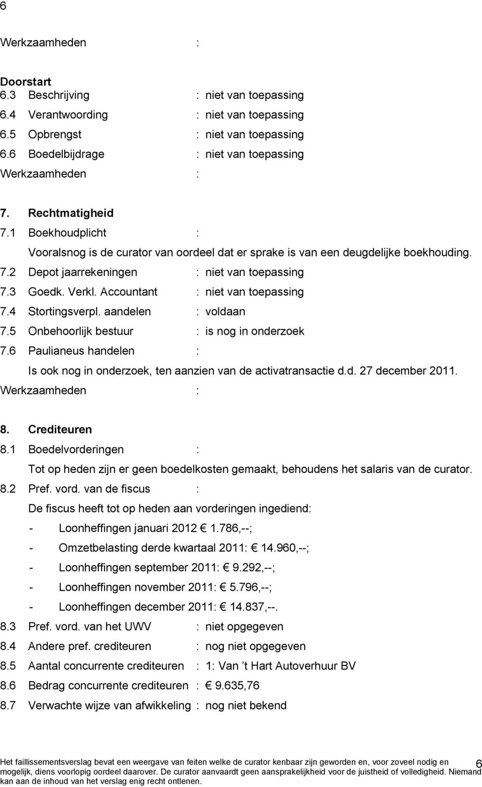 Accountant : niet van toepassing 7.4 Stortingsverpl. aandelen : voldaan 7.5 Onbehoorlijk bestuur : is nog in onderzoek 7.