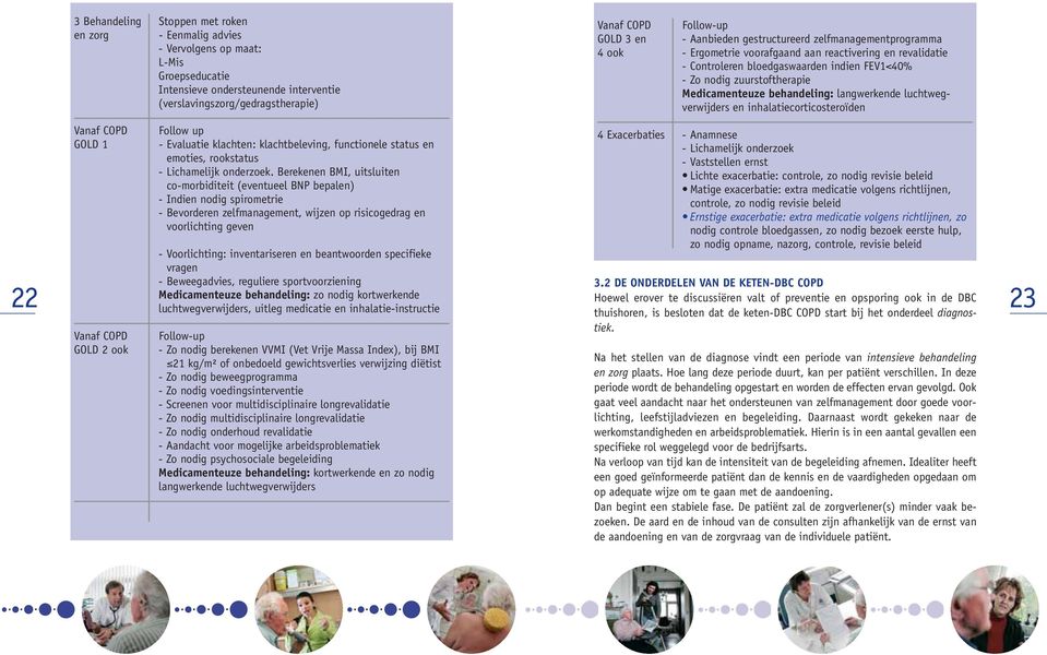 Medicamenteuze behandeling: langwerkende luchtwegverwijders en inhalatiecorticosteroïden 22 Vanaf COPD GOLD 1 Vanaf COPD GOLD 2 ook Follow up - Evaluatie klachten: klachtbeleving, functionele status