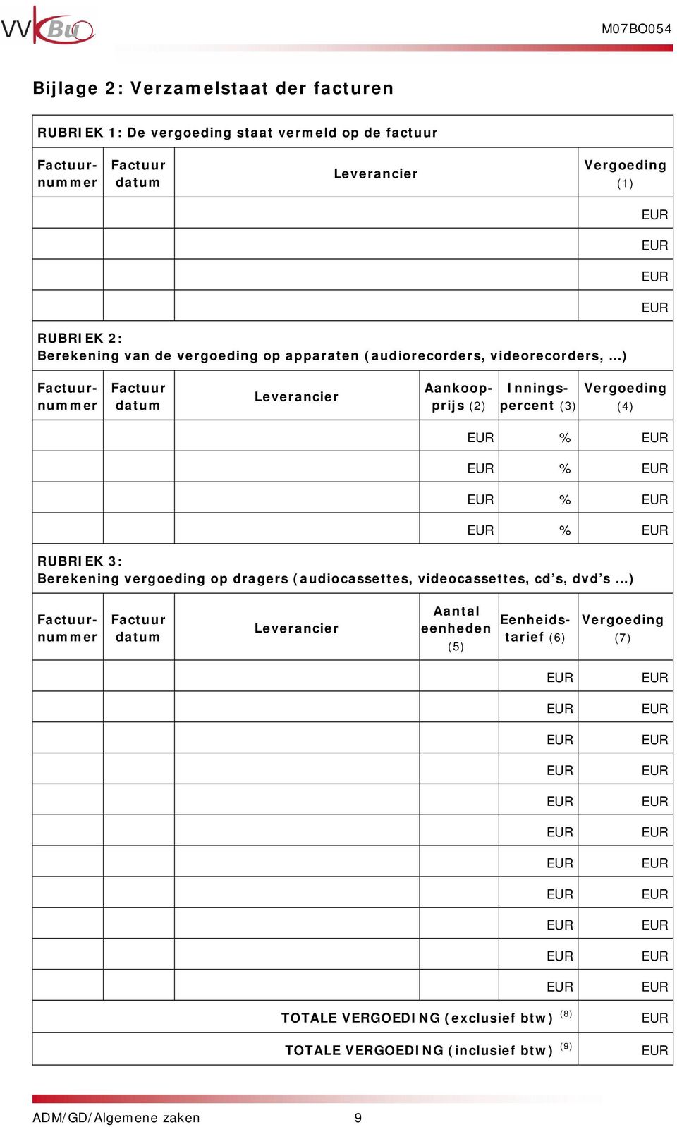 Inningspercent (3) (4) % % % % RUBRIEK 3: Berekening vergoeding op dragers (audiocassettes, videocassettes, cd s, dvd s ) Factuurnummer Factuur