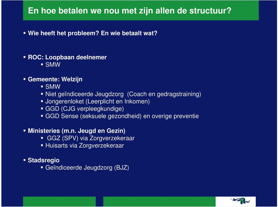 Jongerenloket (Leerplicht en Inkomen) GGD (CJG verpleegkundige) GGD Sense (seksuele gezondheid) en overige