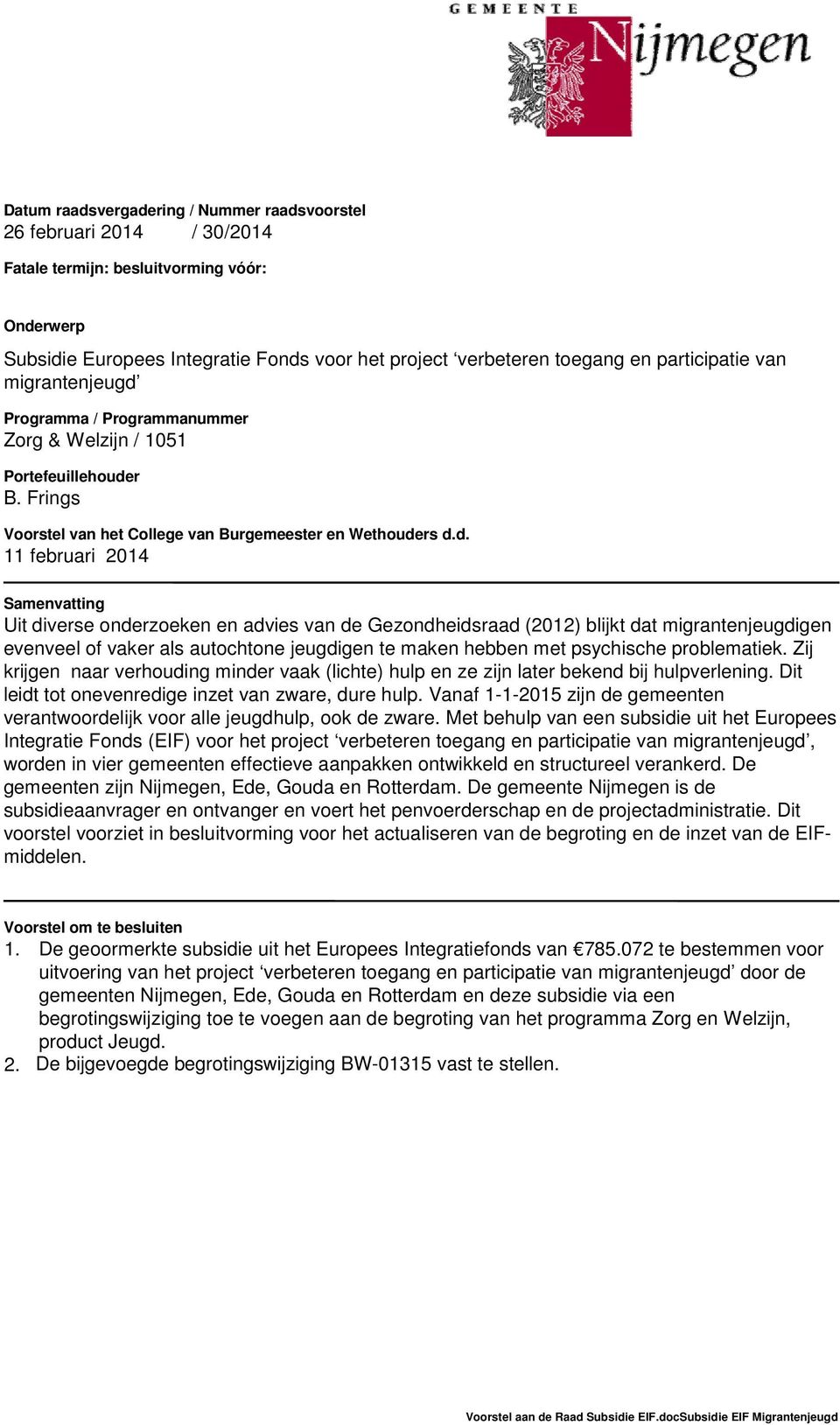 Programma / Programmanummer Zorg & Welzijn / 1051 Portefeuillehoude