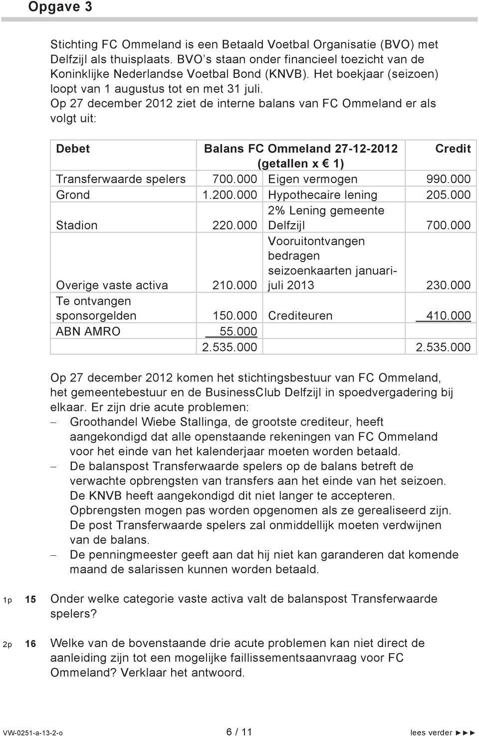 Op 27 december 2012 ziet de interne balans van FC Ommeland er als volgt uit: Debet Balans FC Ommeland 27-12-2012 Credit (getallen x 1) Transferwaarde spelers 700.000 Eigen vermogen 990.000 Grond 1.