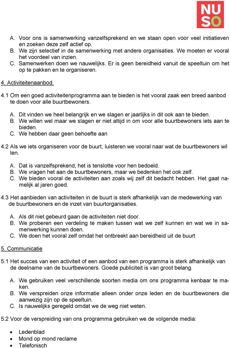 Activiteitenaanbod. 4.1 Om een goed activiteitenprogramma aan te bieden is het vooral zaak een breed aanbod te doen voor alle buurtbewoners. A.