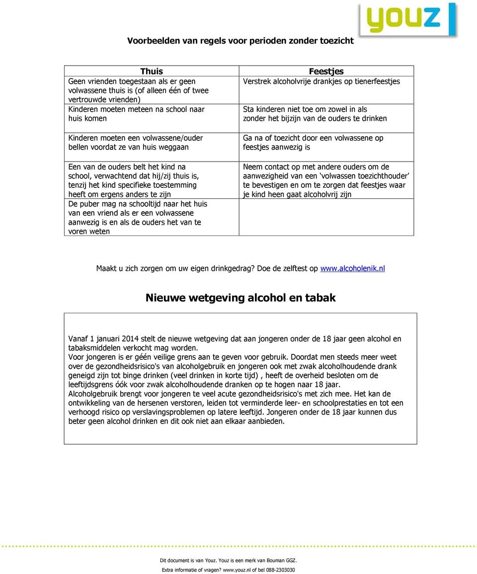 heeft om ergens anders te zijn De puber mag na schooltijd naar het huis van een vriend als er een volwassene aanwezig is en als de ouders het van te voren weten Feestjes Verstrek alcoholvrije