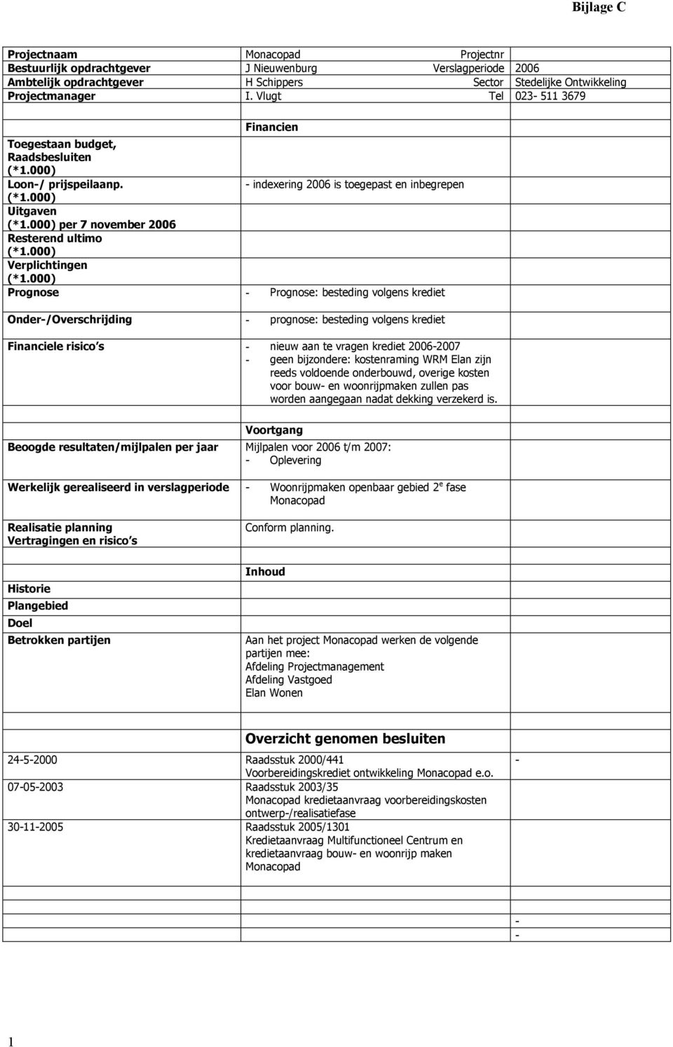 - indexering 2006 is toegepast en inbegrepen Uitgaven per 7 november 2006 Resterend ultimo Verplichtingen Prognose - Prognose: besteding volgens krediet Onder-/Overschrijding - prognose: besteding