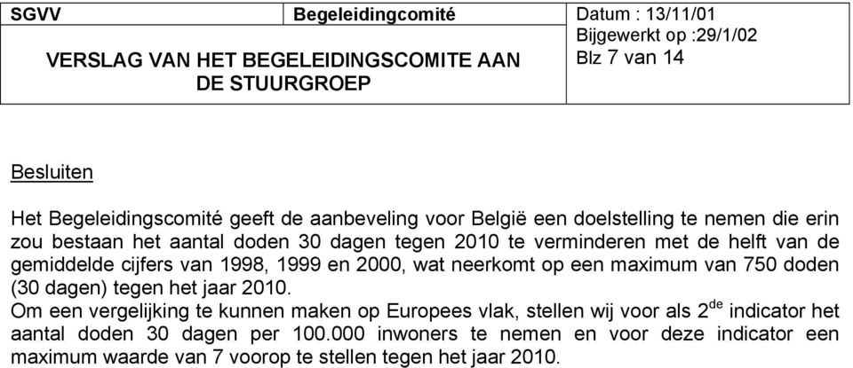 750 doden (30 dagen) tegen het jaar 2010.