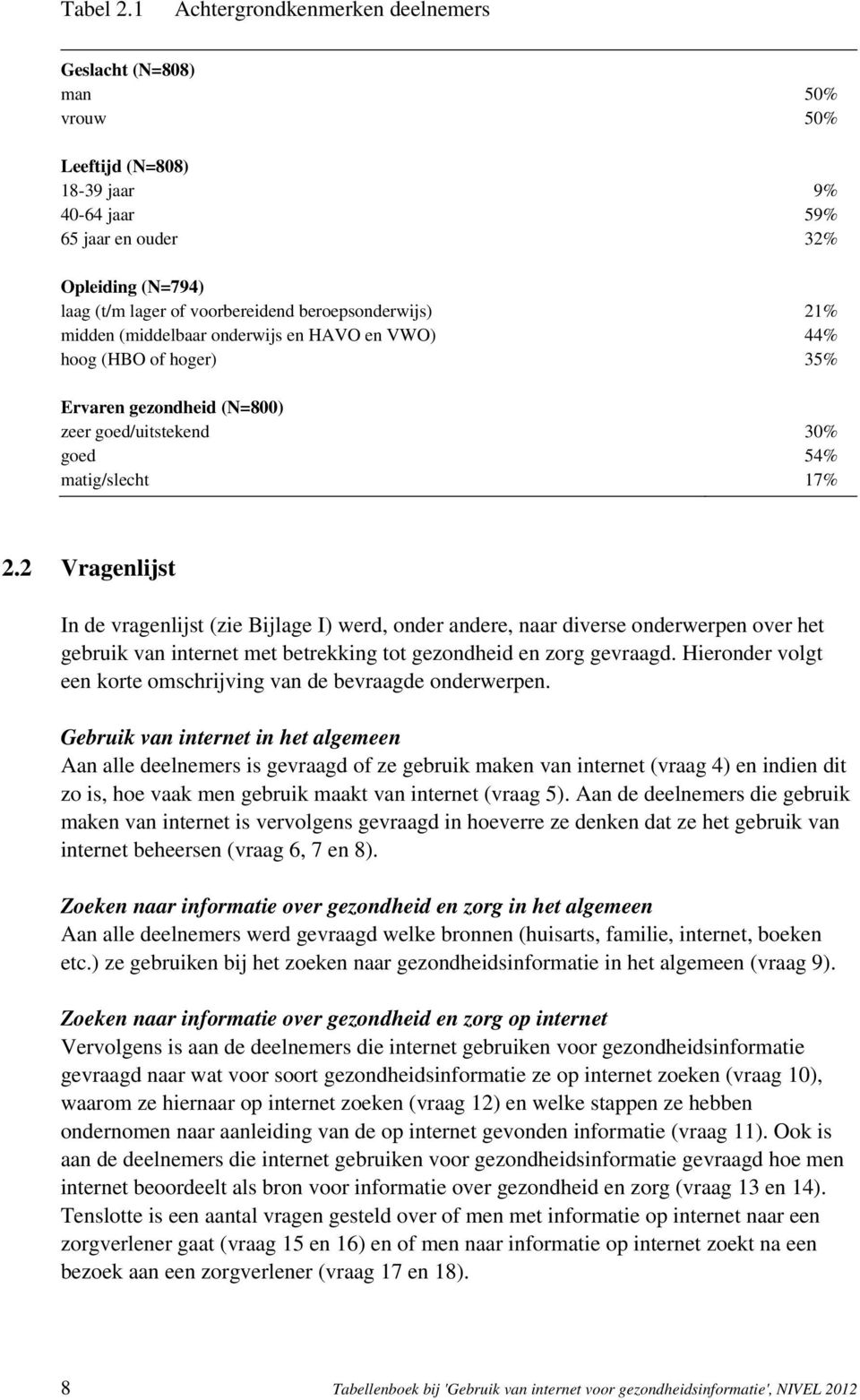 beroepsonderwijs) 21% midden (middelbaar onderwijs en HAVO en VWO) 44% hoog (HBO of hoger) 35% Ervaren gezondheid (N=800) zeer goed/uitstekend 30% goed 54% matig/slecht 17% 2.