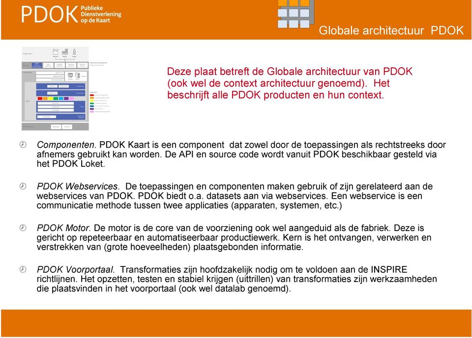 PDOK Webservices. De toepassingen en componenten maken gebruik of zijn gerelateerd aan de webservices van PDOK. PDOK biedt o.a. datasets aan via webservices.