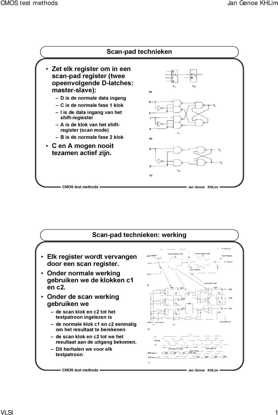 Scan-pad technieken Scan-pad technieken: werking Elk register wordt vervangen door een scan register. Onder normale werking gebruiken we de klokken c1 en c2.