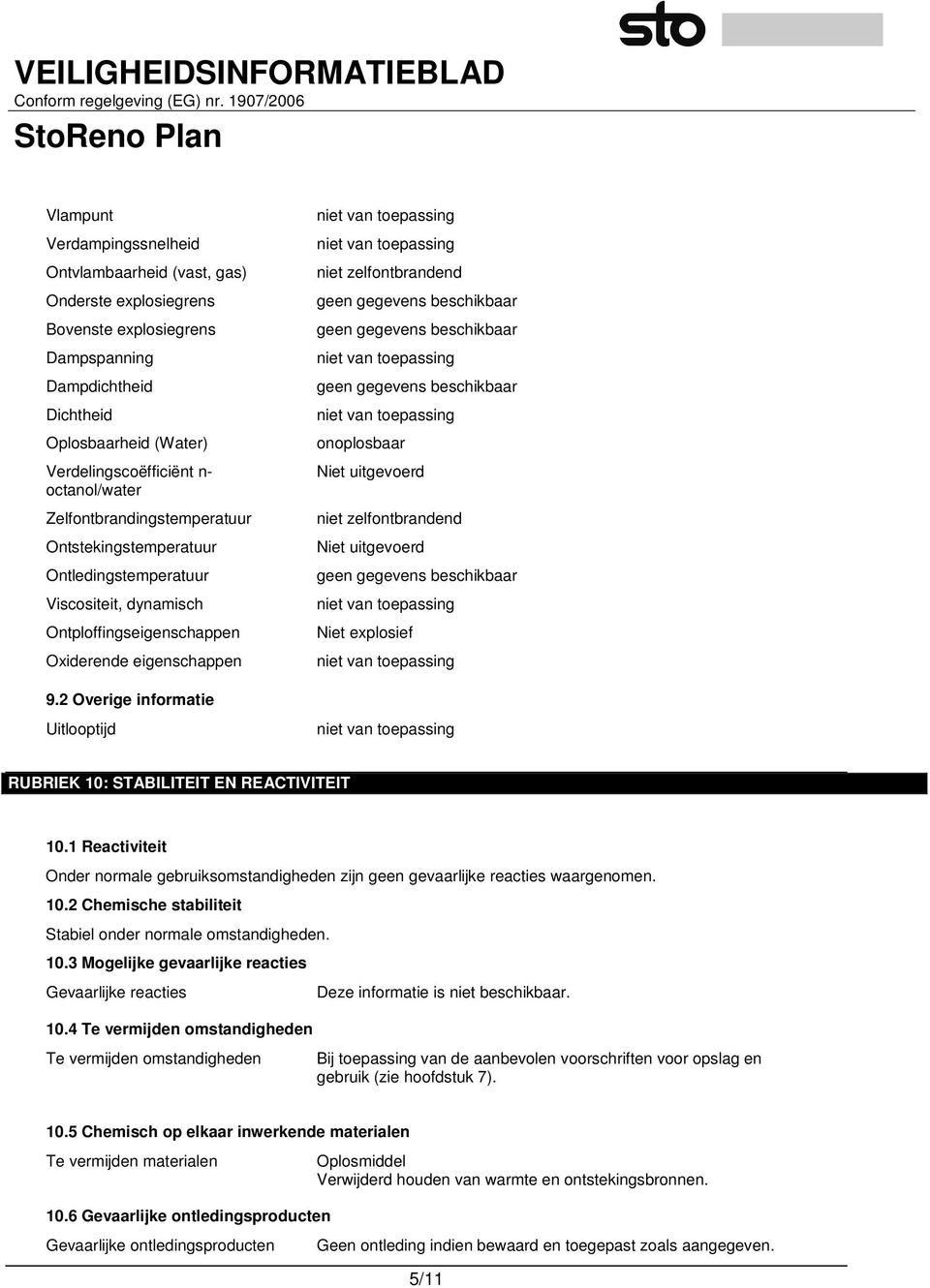 uitgevoerd niet zelfontbrandend Niet uitgevoerd Niet explosief 9.2 Overige informatie Uitlooptijd RUBRIEK 10: STABILITEIT EN REACTIVITEIT 10.