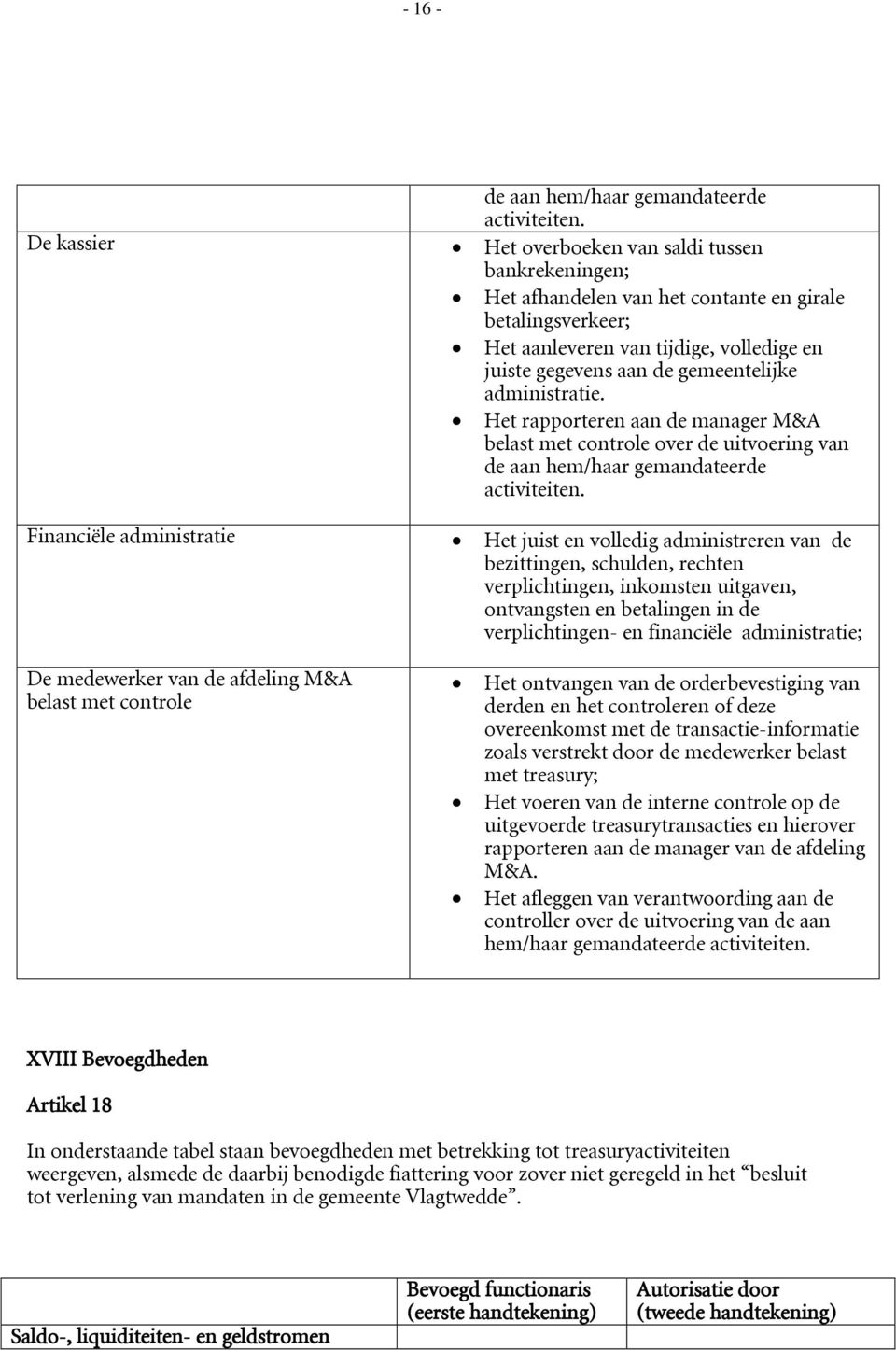 administratie. Het rapporteren aan de manager M&A belast met controle over de uitvoering van de aan hem/haar gemandateerde activiteiten.