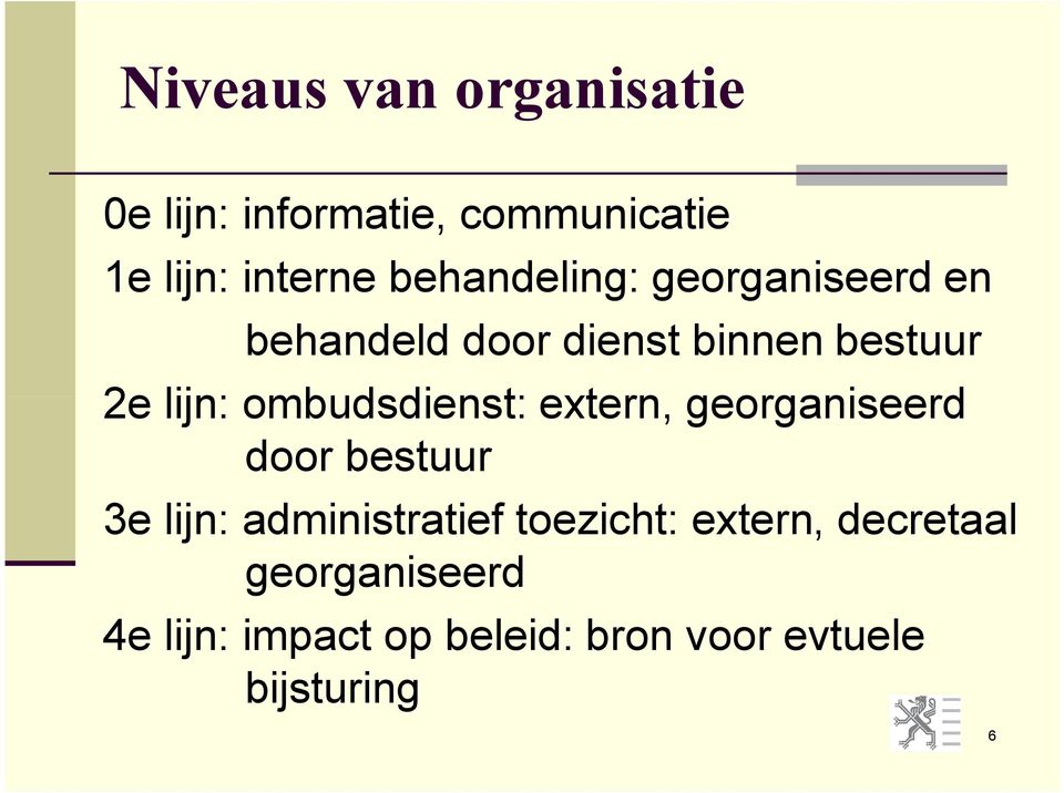 ombudsdienst: extern, georganiseerd door bestuur 3e lijn: administratief