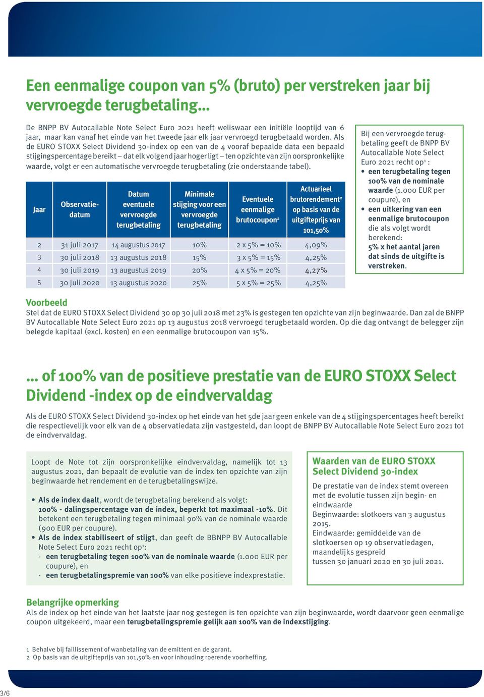 Als de EURO STOXX Select Dividend 30-index op een van de 4 vooraf bepaalde data een bepaald stijgingspercentage bereikt dat elk volgend jaar hoger ligt ten opzichte van zijn oorspronkelijke waarde,