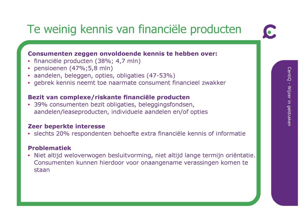 obligaties, beleggingsfondsen, aandelen/leaseproducten, individuele aandelen en/of opties Zeer beperkte interesse slechts 20% respondenten behoefte extra financiële kennis