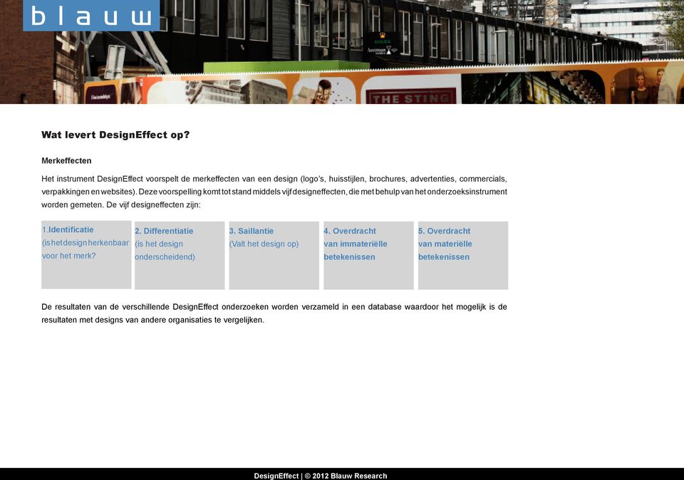 Deze voorspelling komt tot stand middels vijf designeffecten, die met behulp van het onderzoeksinstrument worden gemeten. De vijf designeffecten zijn: 1.