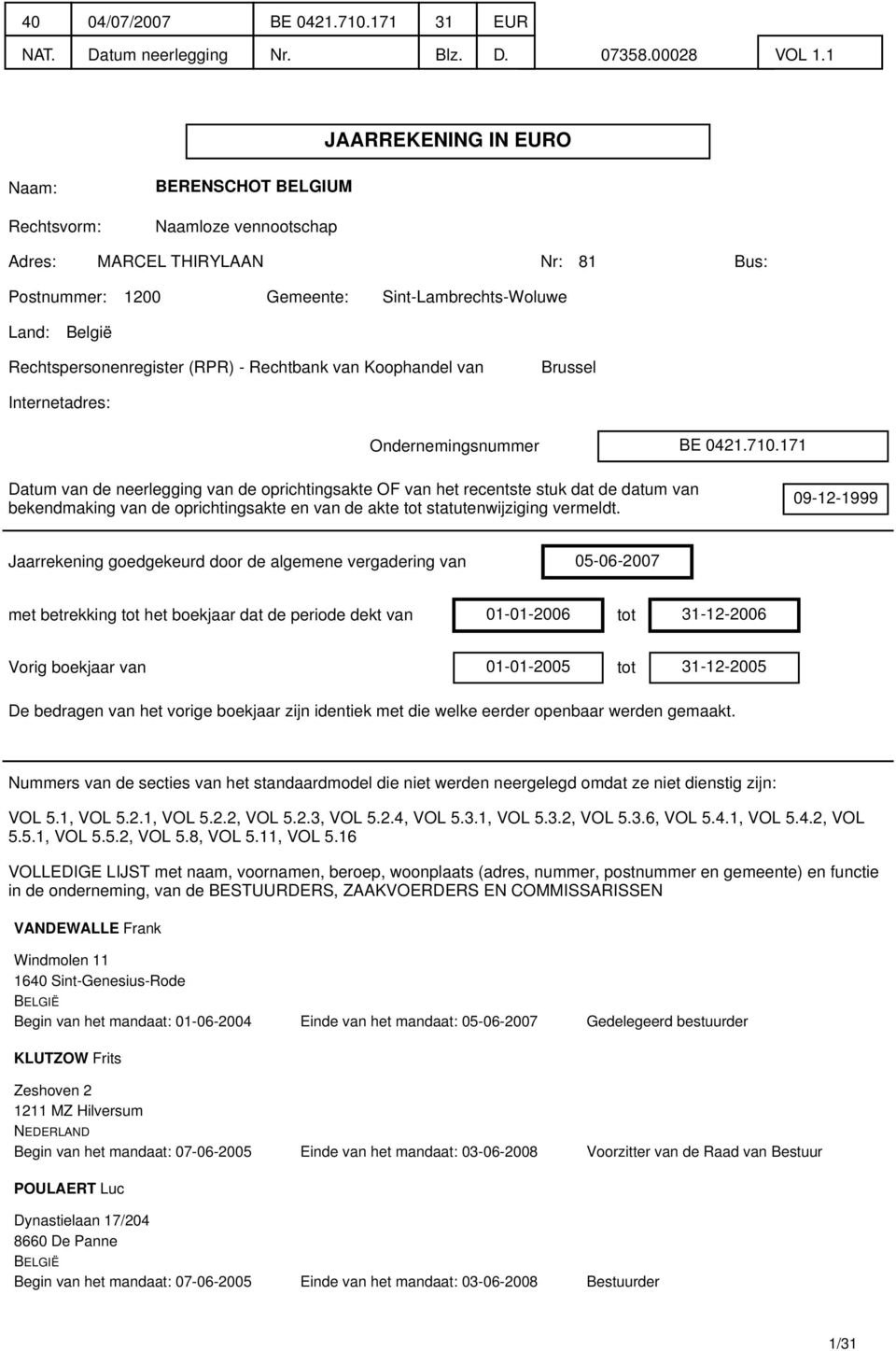 Rechtspersonenregister (RPR) - Rechtbank van Koophandel van Brussel Internetadres: Ondernemingsnummer BE 0421.710.