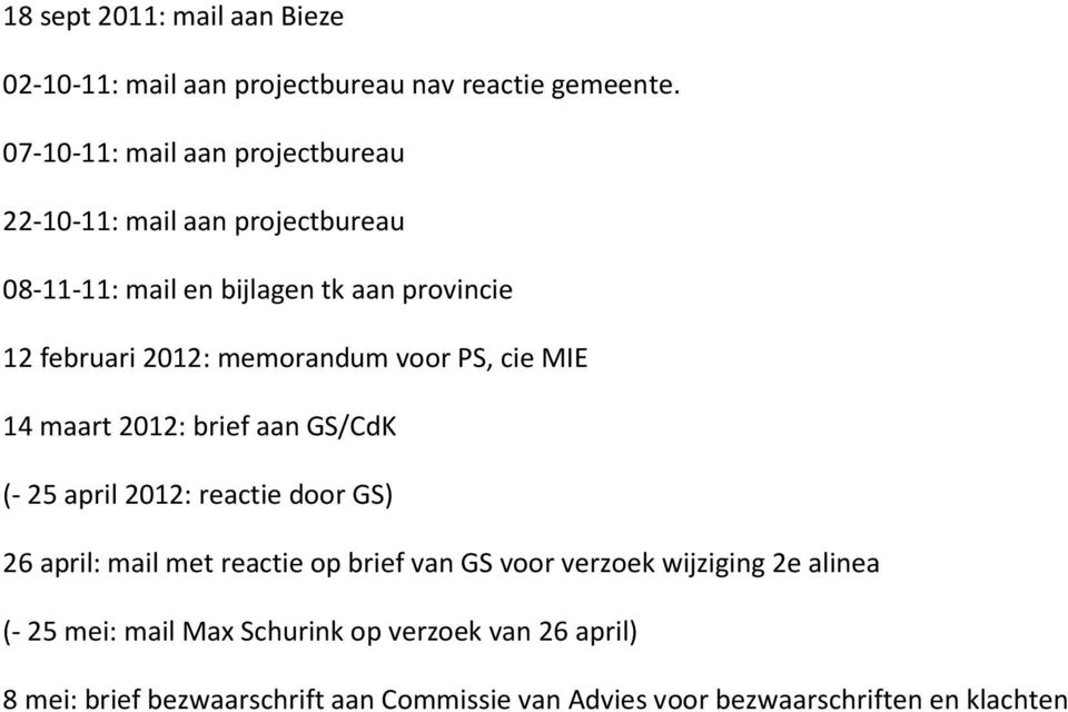 memorandum voor PS, cie MIE 14 maart 2012: brief aan GS/CdK (- 25 april 2012: reactie door GS) 26 april: mail met reactie op brief