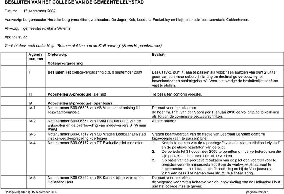 33: Gedicht door wethouder Nuijt: Bramen plukken aan de Stefkensweg (Frans Hoppenbrouwer) Agendanummer Onderwerp Collegevergadering Besluit: I Besluitenlijst collegevergadering d.d. 8 september 2009 Besluit IV-2, punt 4, aan te passen als volgt: Ten aanzien van punt 2 uit te gaan van een meer sobere inrichting en doelmatige verbouwing tot havenkantoor en sanitairgebouw.