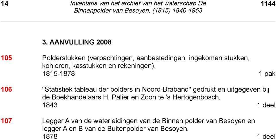 1815-1878 1 pak 106 "Statistiek tableau der polders in Noord-Braband" gedrukt en uitgegeven bij de Boekhandelaars H.