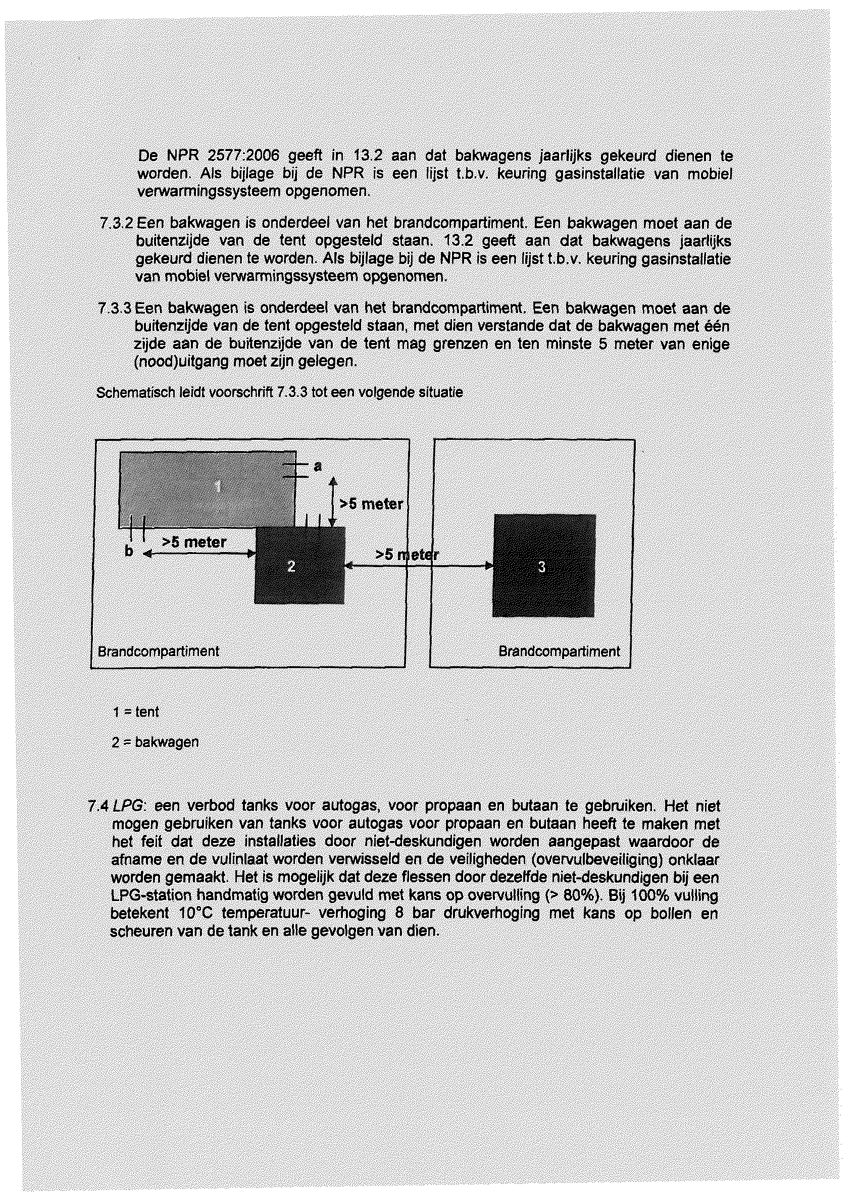 De NPR 2577:2006 geeft in 13.2 aan dat bakwagens jaarlijks gekeurd dienen te worden. A!s bijlage bij de NPR is een lijst t.b.v. keuring gasinstallatie van mobiel verwarmingssysteem opgenomen. 7.