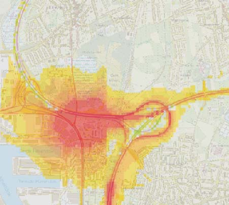 Verschil tussen BAM tracé en 4e tracé ter hoogte van het knooppunt Ekeren voor fijn stof (PM 2,5): verslechtering luchtkwaliteit in 4e tracé (Uittreksel uit de