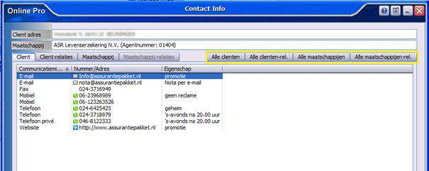 Polisscherm: Contact Info uitgebreid Het contact info knopje is uitgebreid met vier tabbladen: - Alle cliënten - Alle