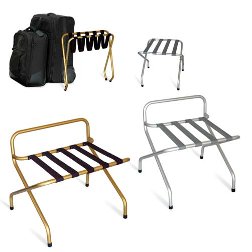 8 - LUGGAGE Valette Support-bagage en aluminium anodisé Ton aluminium avec sangles grises, ou ton or avec sangles brunes Pliant, ultra léger Avec ou sans dossier pour protection des murs Existe en 2