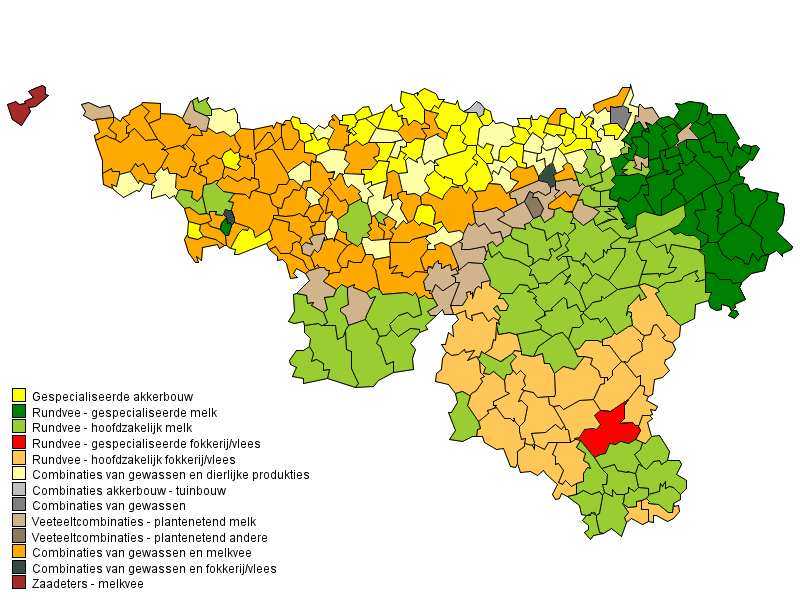 Belang van de weiden in % van de cultuurgrond per gemeente (2014)* Produktierichting van de waalse gemeenten