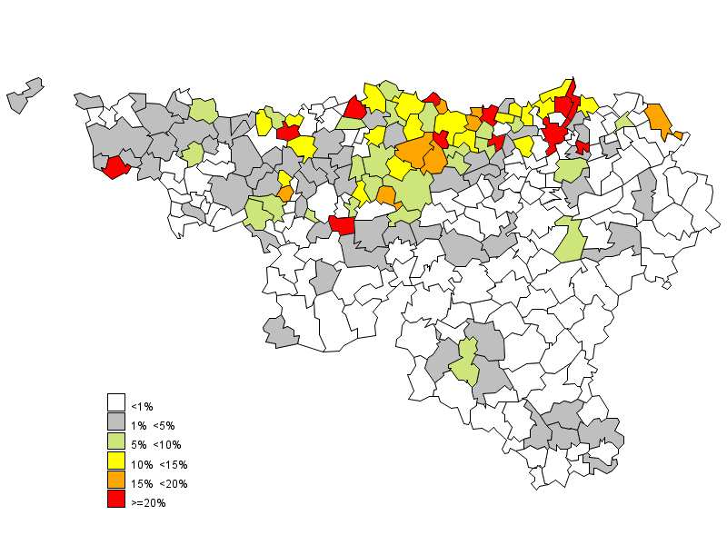 Producties - 2013* Belang van de akkerbouw in de waalse gemeenten (2014) (in % van de totale productiewaarde van de gemeente) Belang van de tuinbouw in de waalse