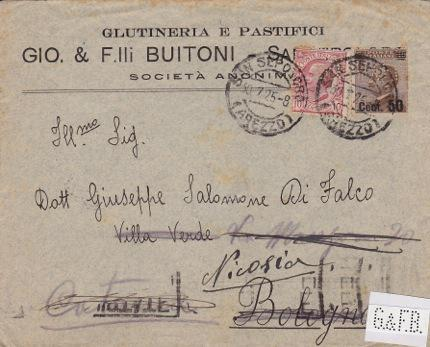 Een glutenvrije perfin Gio. & F.lli Buitoni S.A. Sansepolcro Glutineria e Pastifici (glutenvrije pasta) Perfin: G.& F.B., gebruiksperiode van 1898 t/m 1926.
