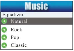 Selecteer een equalizer: 5) Detailweergave van elke equalizer (EQ): Natural, Rock, Pop, Classic, Soft, Jazz, DBB 6) Druk op Next om een EQ en druk op Mode om te bevestigen.