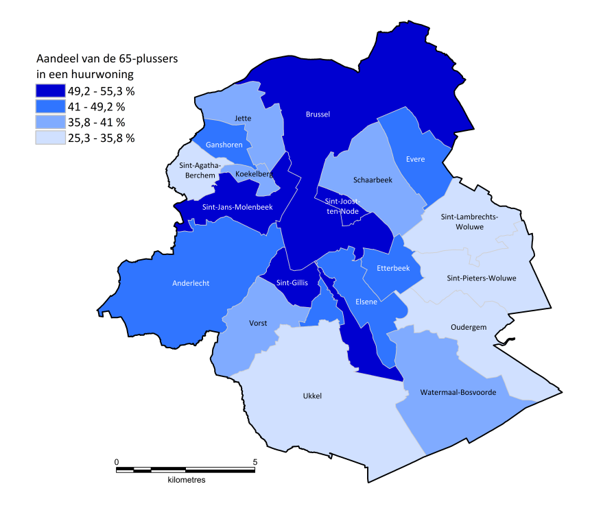 Binnen het Brussels Gewest zijn er grote verschillen in het aandeel van de 65-plussers wonende in een huurwoning (kaart 4).