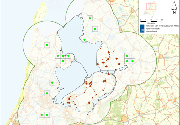 Figuur 3.2 Verspreiding meervleermuis in IJsselmeergebied en mogelijke actieradius 3.1.